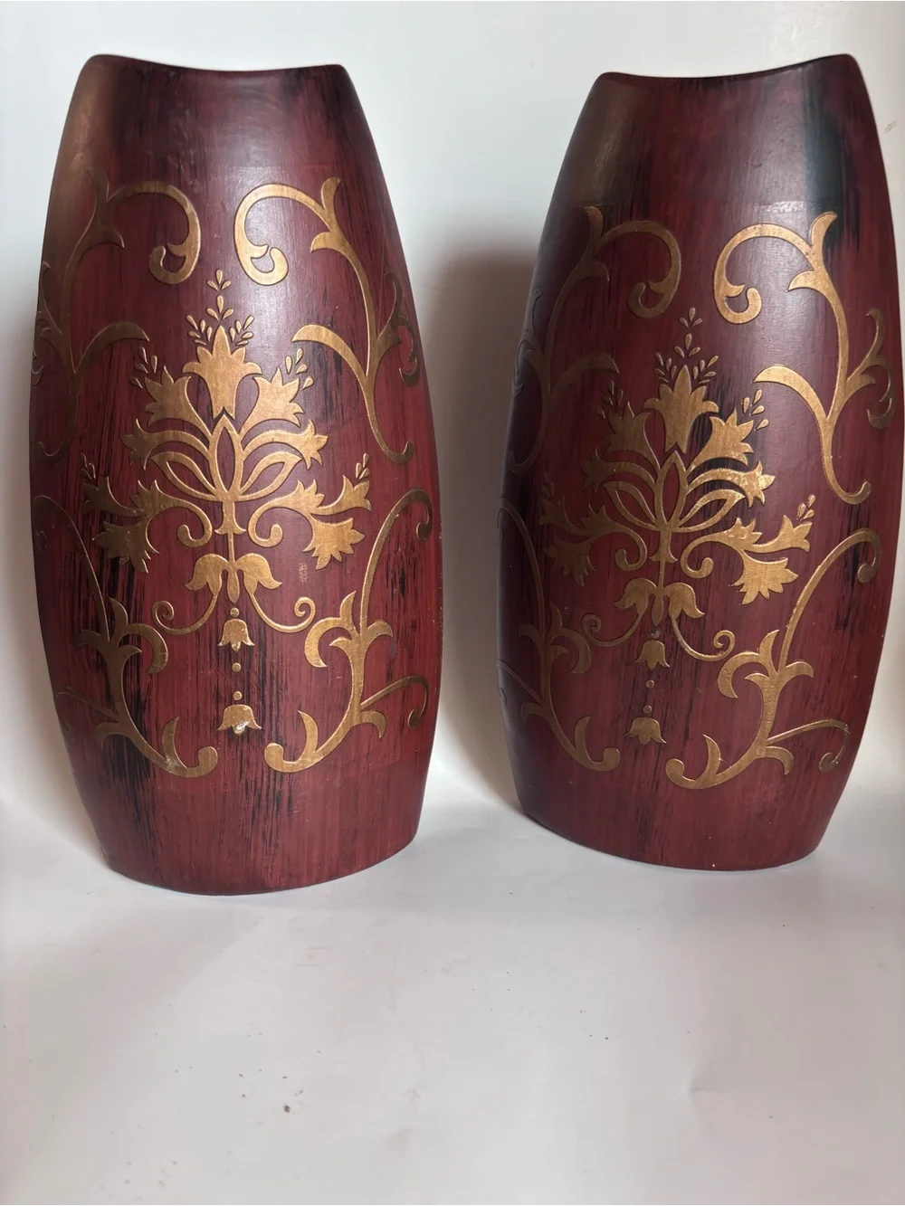 Pair of Tuscan Red Gilt Floral Wall Planters Flat Back Sconce Vases Boho Decor